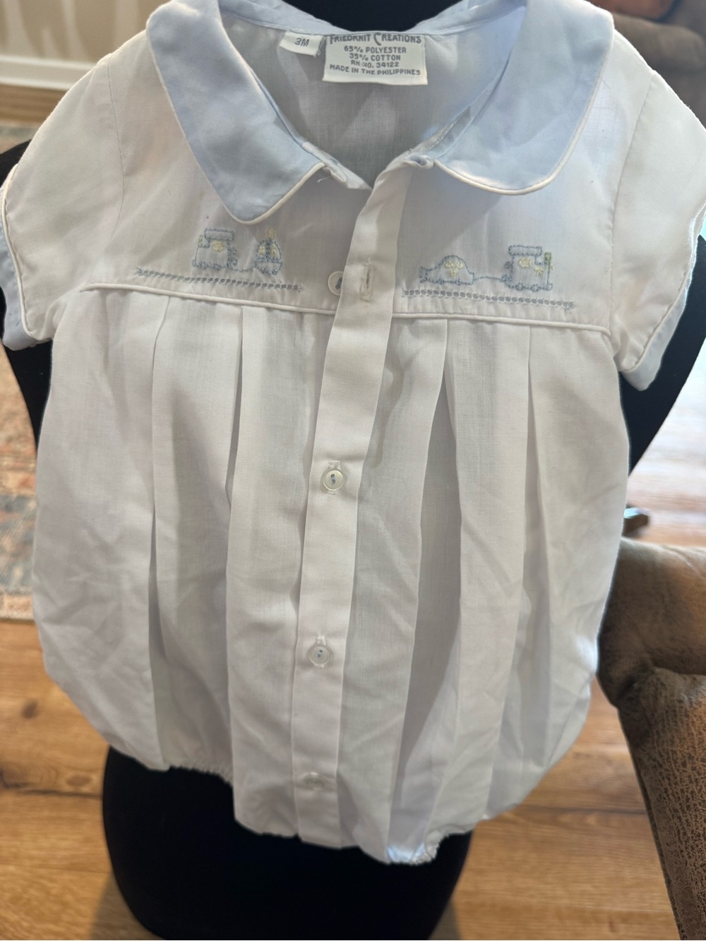 Classic White Pleated Baby Shirt with Light Blue Collar